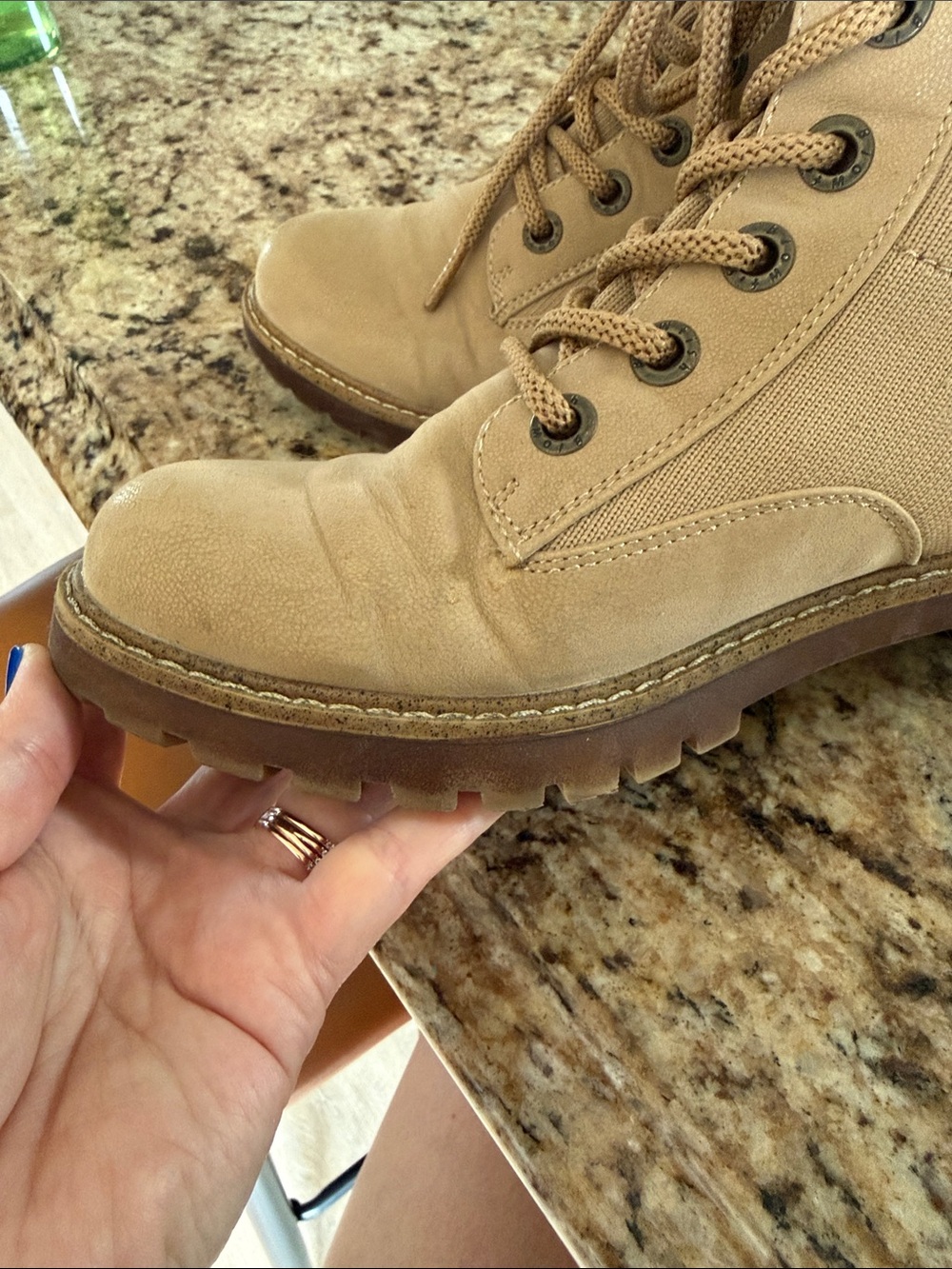 Women's Tan Lace-Up Knit Collar Combat Boots - Picture 3 of 8